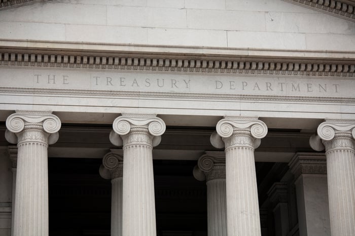 The front of the Treasury Department building.
