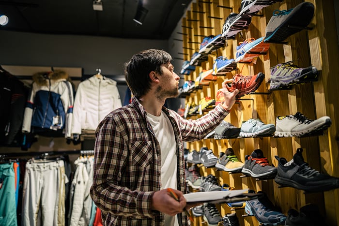 Person shopping for shoes.