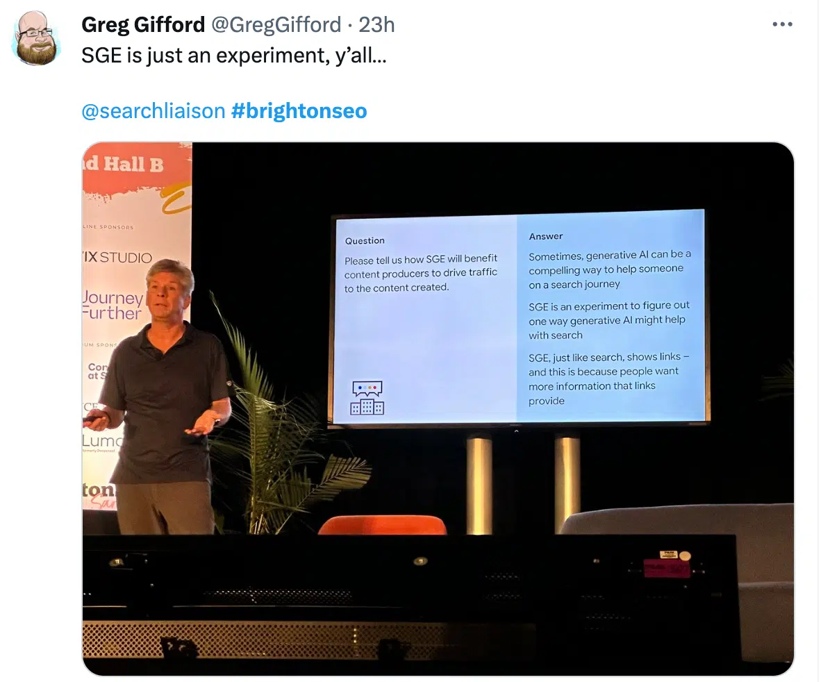 Greg Gifford on X - SGE is an experiment