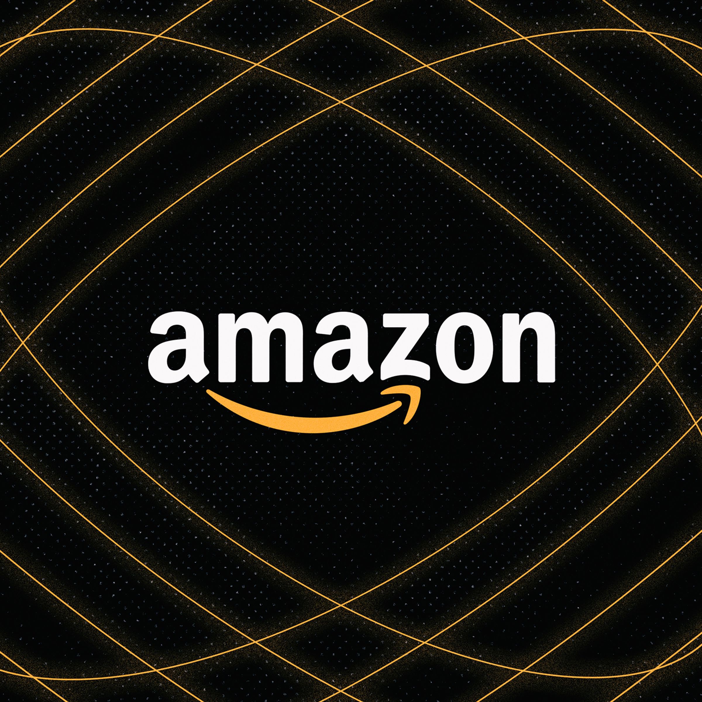 The Amazon logo over a black background with orange lines