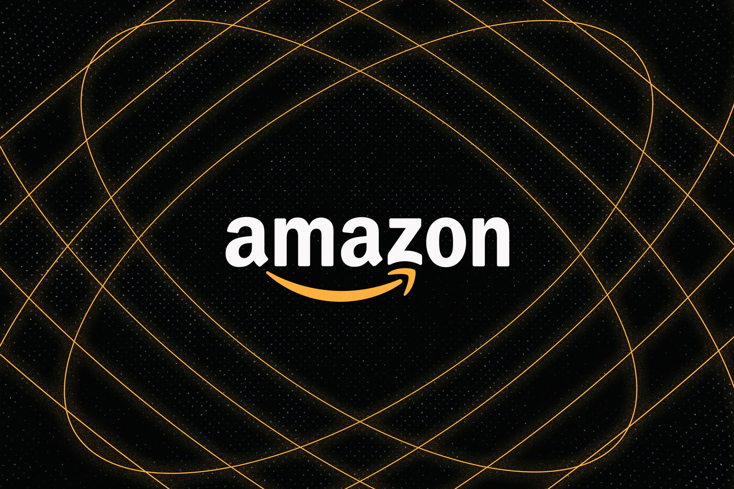 The Amazon logo over a black background with orange lines