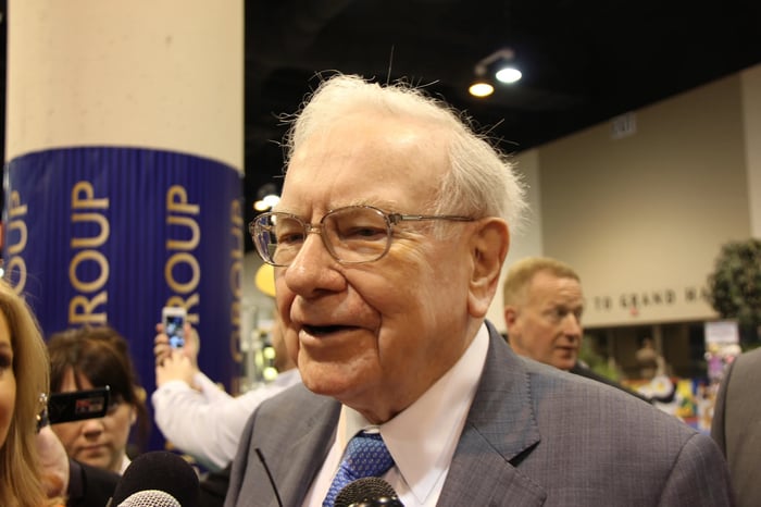 Warren Buffett at a convention center.
