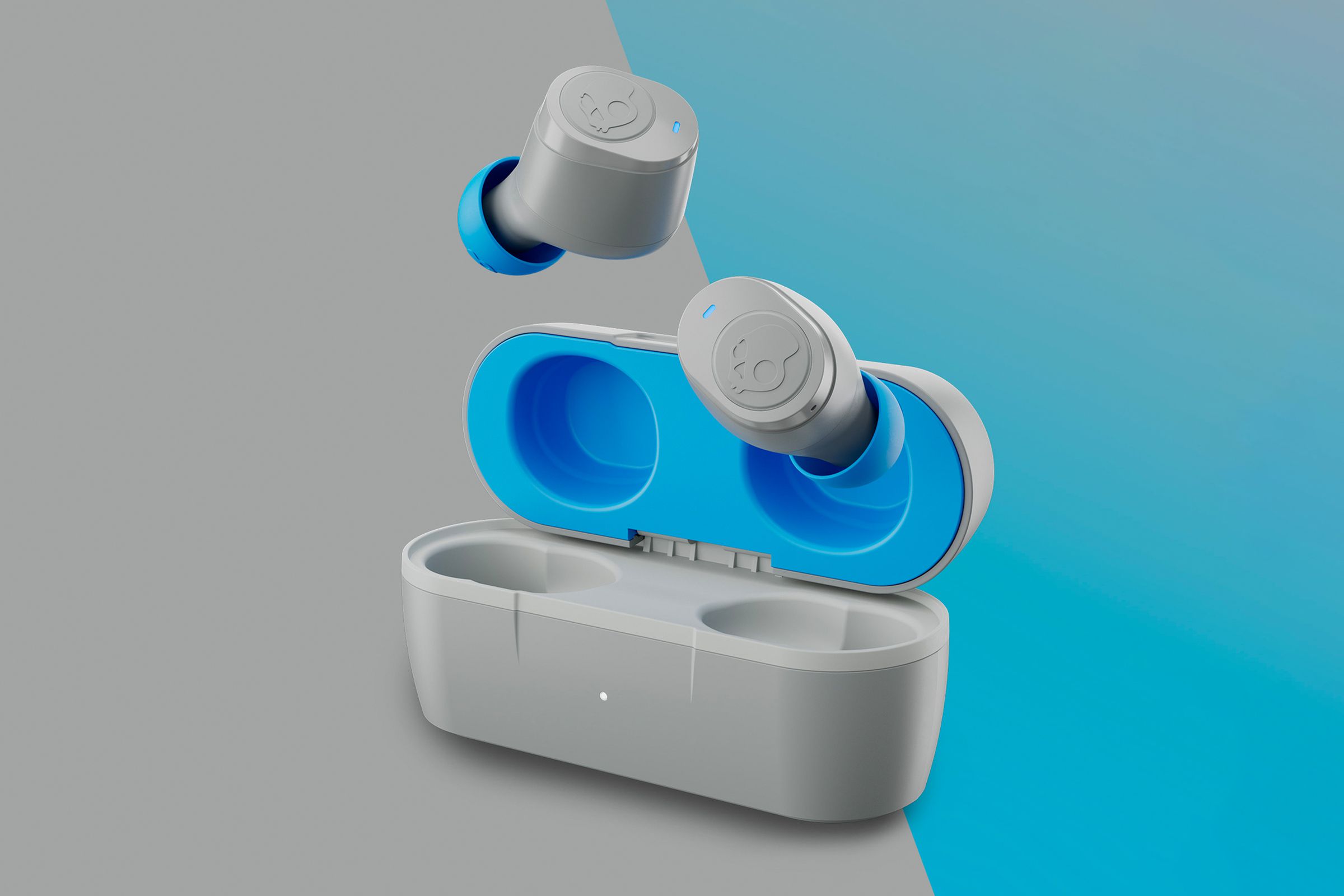 The Skullcandy Jib True 2 wireless earbuds in gray and light blue colorway with their color-matched case.